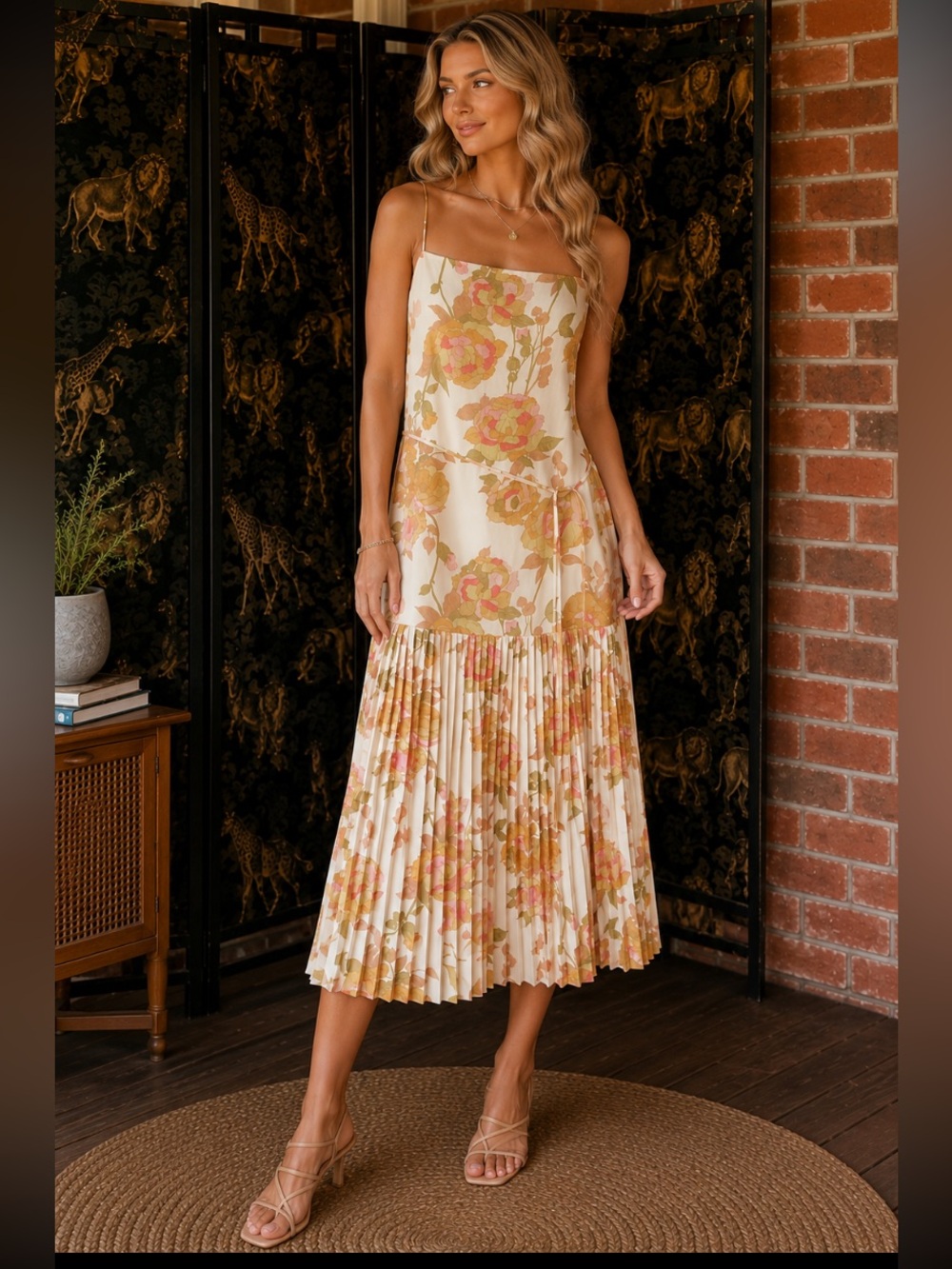 Floral Spaghetti-Strap Midi Dress in Cream, Yellow & Pink